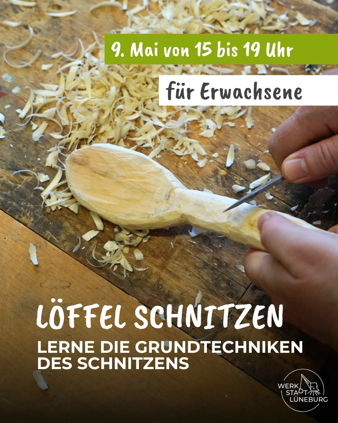 Du sitzt viel am Schreibtisch und hast Lust, mal wieder was mit den eigenen H&auml;nden zu machen?

Dann komm zu unserem Workshop "L&ouml;ffel schnitzen" am 9. Mai von 15 bis 19 Uhr.

In diesem Kurs lernst du in einer kleinen Gruppe, wie au