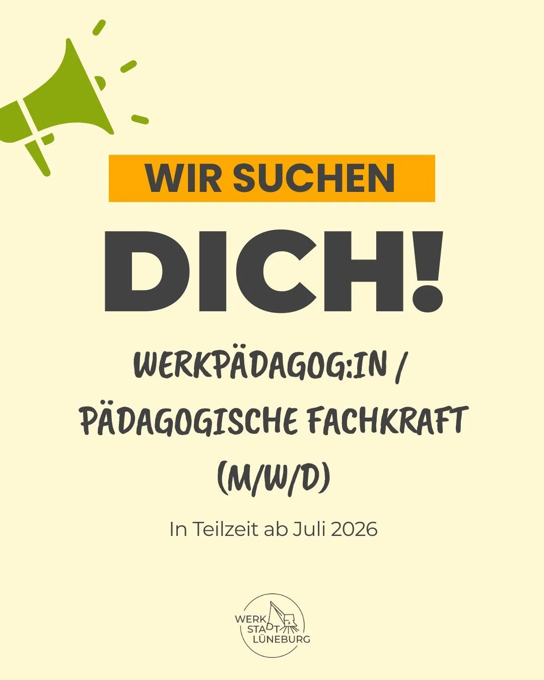 Wir haben gro&szlig;artige Neuigkeiten: 

Wir haben unsere erste Stellenausschreibung online gestellt und suchen ab Juli 2026 ein/e Werkp&auml;dagog/in / p&auml;dagogische Fachkraft, um unser Angebot f&uuml;r Kinder und Jugendliche in der WerkStadt L