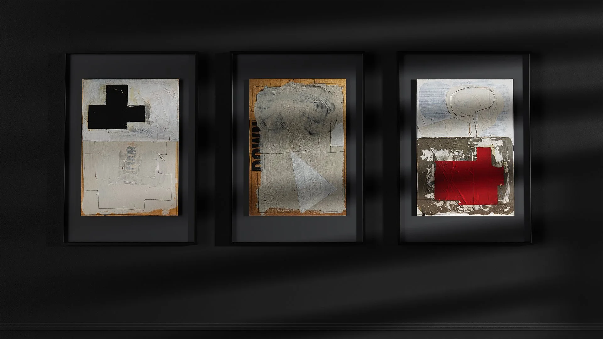 Three framed modern abstract art pieces hanging on a black wall, each featuring a combination of geometric shapes and textured elements in neutral and bold colors.