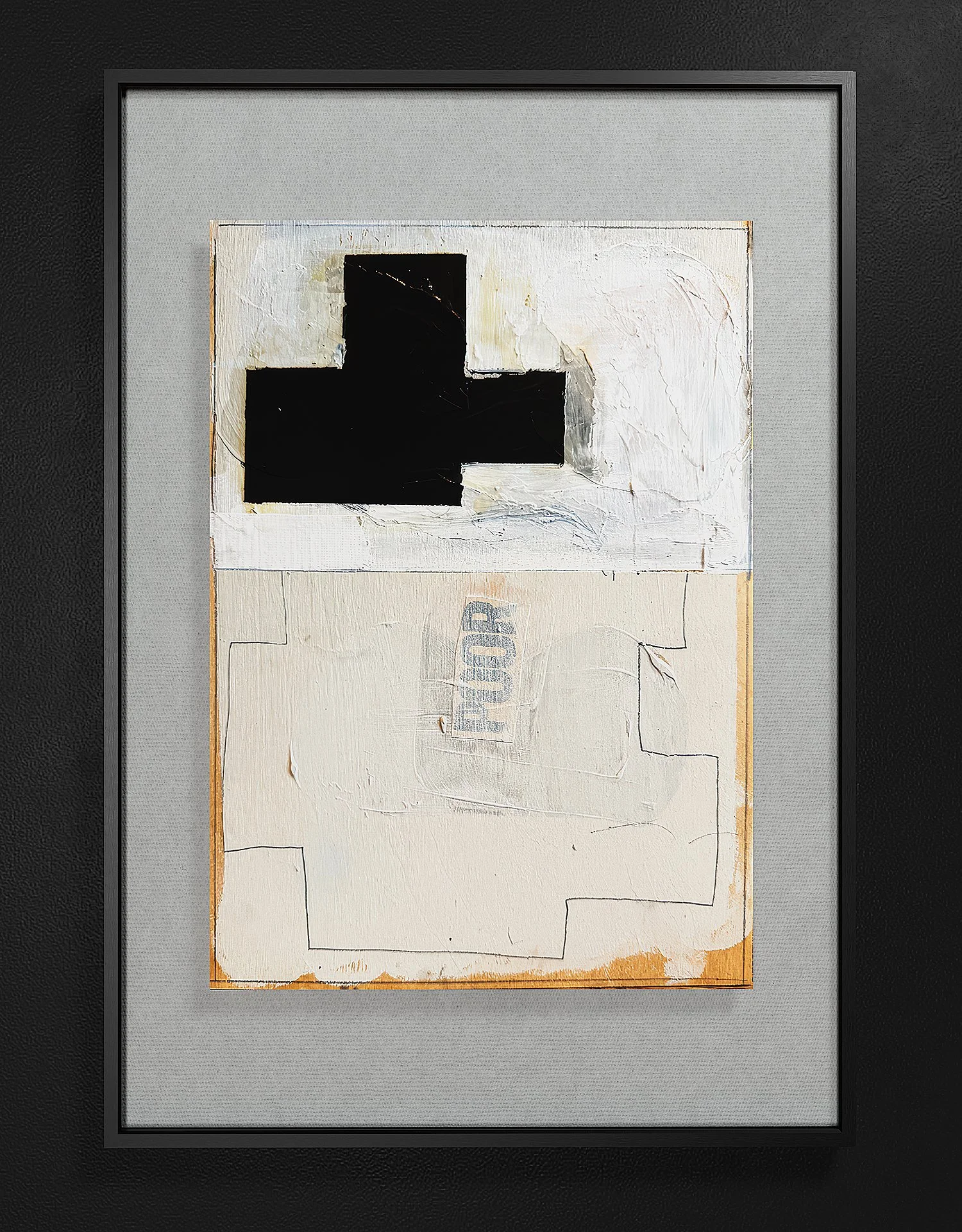 Abstract mixed-media artwork featuring a black cross on a white background with textured, layered paint and faint sketch lines, framed in black with a gray mat.