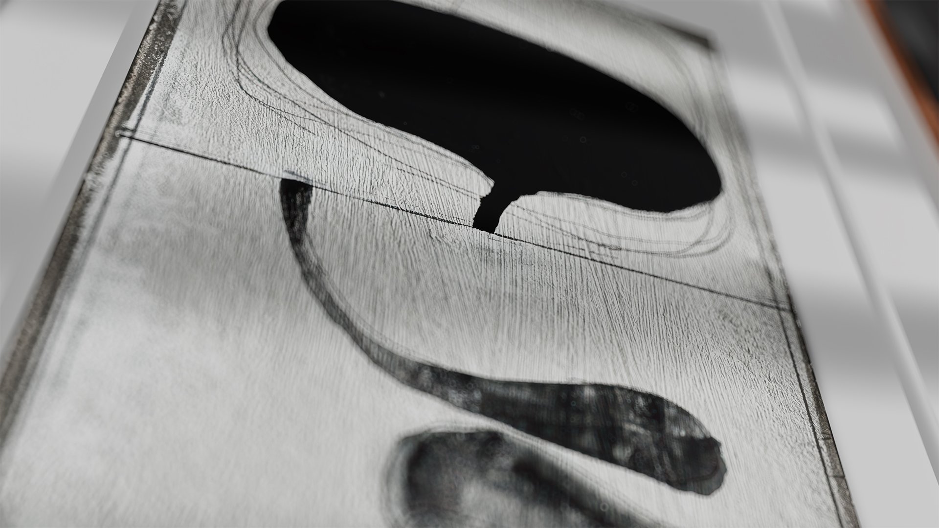 A black inked question mark on a piece of white paper, with the paper textured and visible lines and markings.