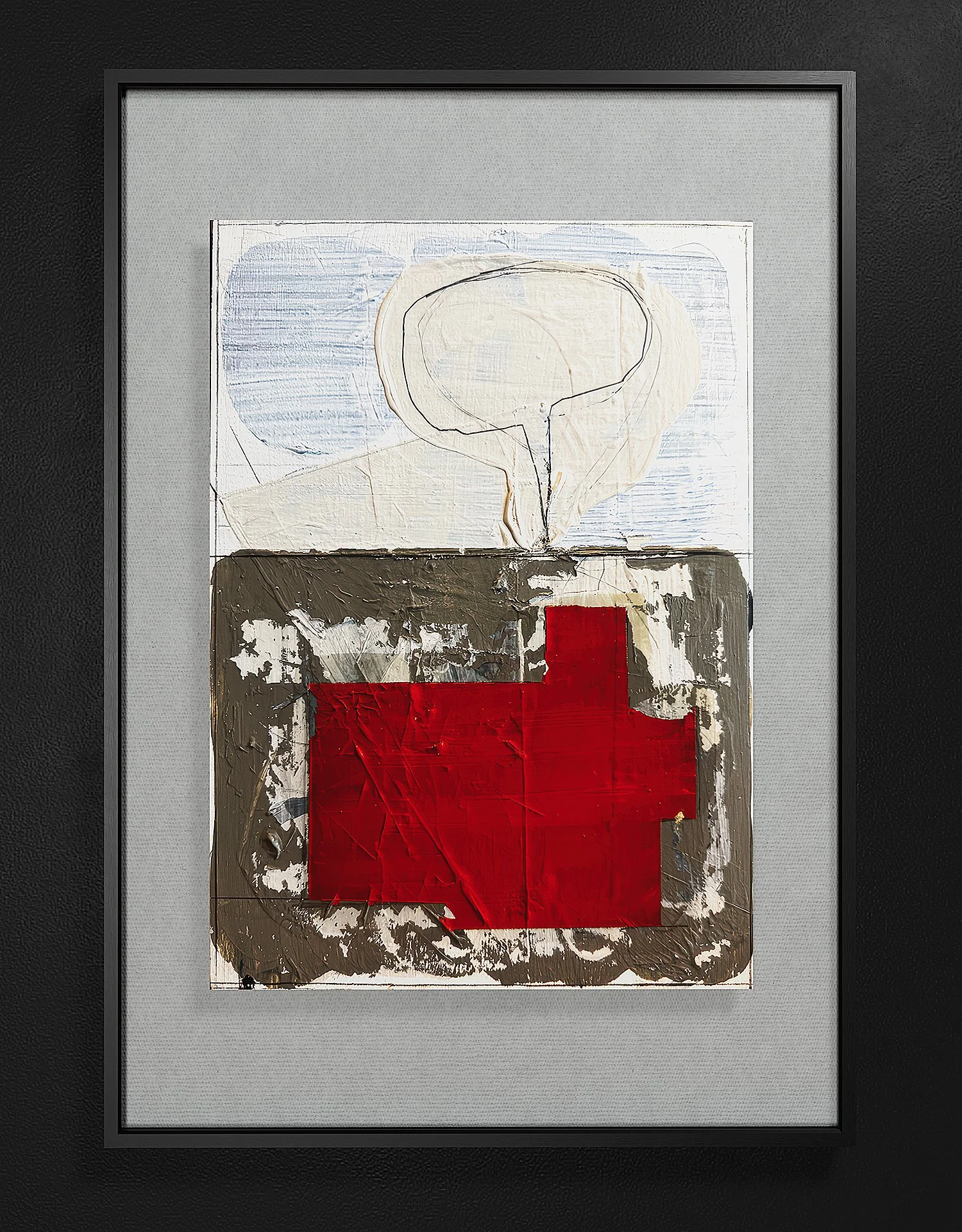 Abstract mixed media artwork featuring a speech bubble, a red cross, and textured painted surface.