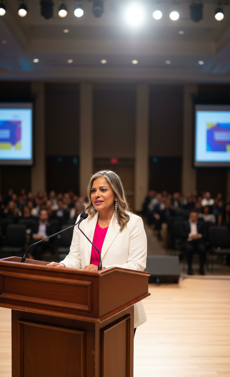 Woman in a white blazer speaking at a podium during a conference, with an audience and two screens in the background.