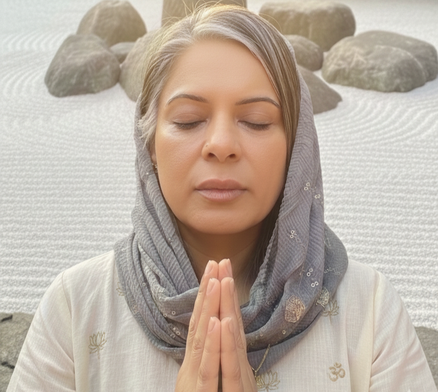 A woman with closed eyes and hands pressed together in prayer, wearing a gray headscarf, seated outdoors on white sand with rocks in the background.