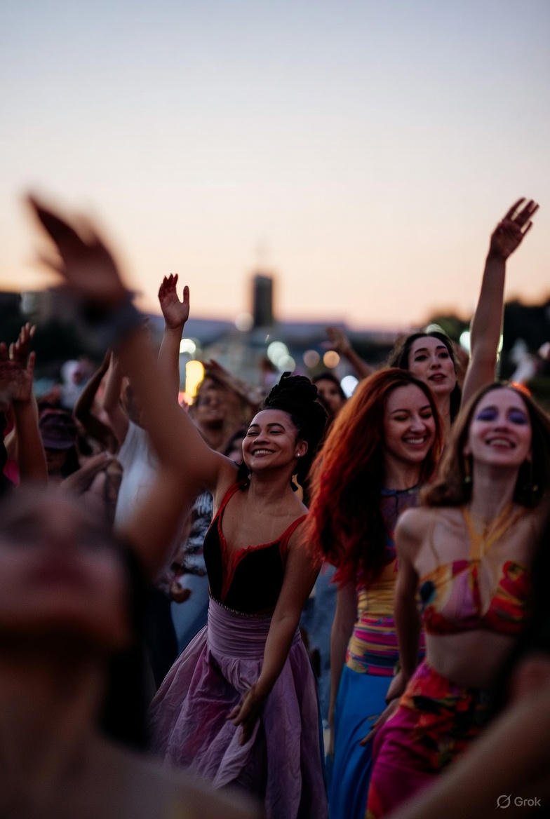 Group of happy women dancing and enjoying a festival outdoors during sunset.