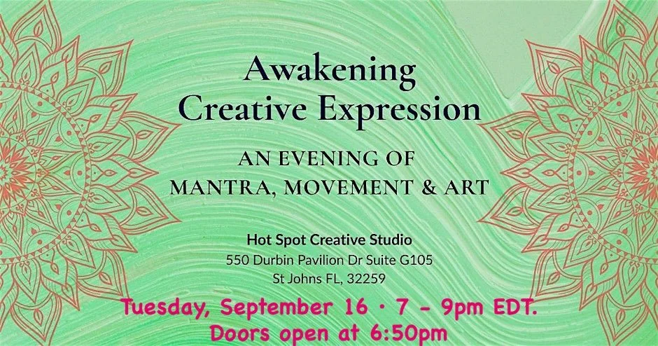 Green event flyer with intricate gold mandala designs and black and pink text for 'Awakening Creative Expression,' an evening of mantra, movement, and art at Hot Spot Creative Studio in St. Johns, FL, on September 16 from 7 to 9 pm EDT.