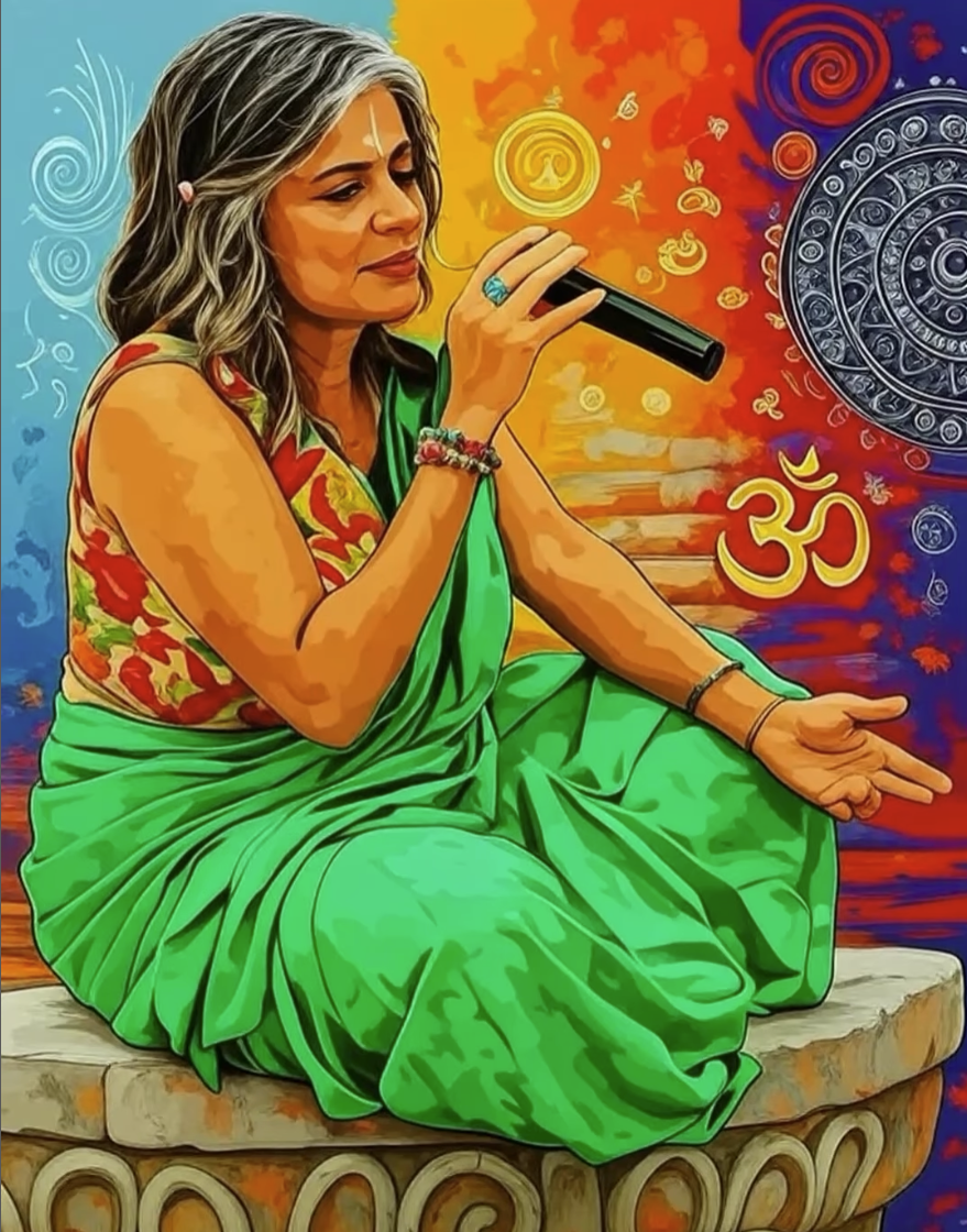 An illustration of a woman in traditional Indian attire sitting on a stone platform, holding a microphone, with colorful background featuring spiritual symbols including the Om symbol, a spiral, and various other designs.