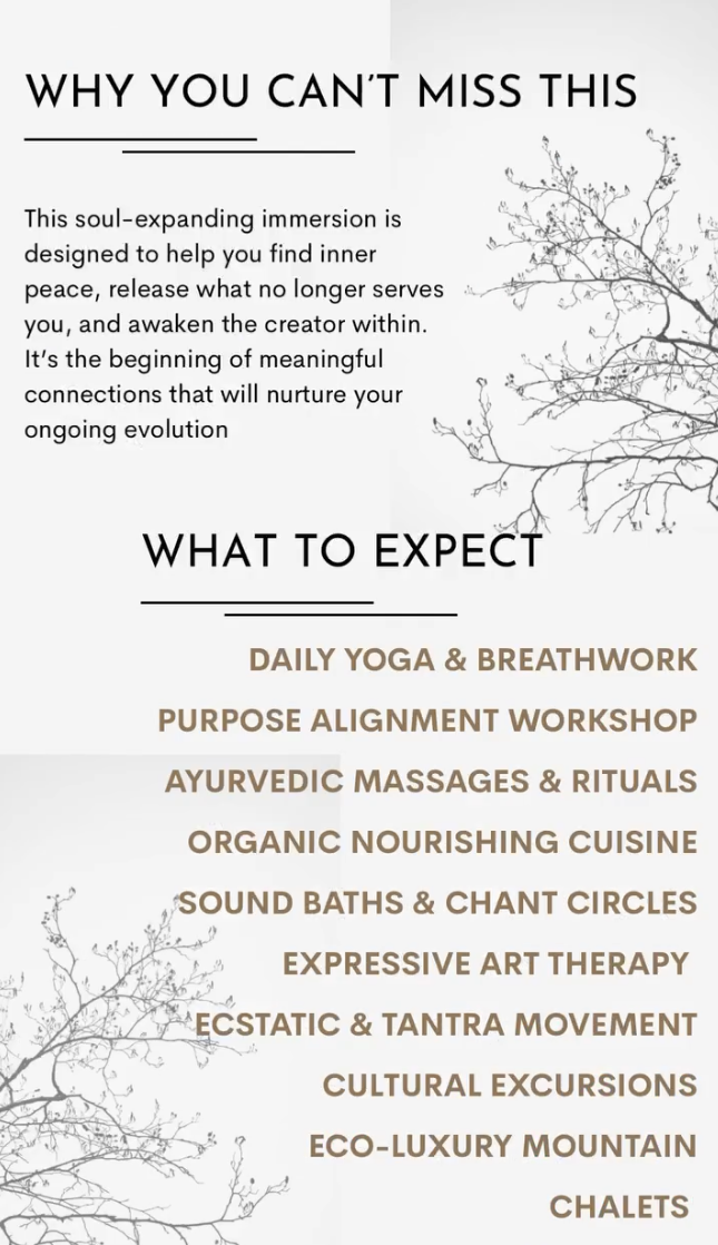 A wellness retreat poster titled "Why You Can't Miss This" with descriptions of immersive activities such as yoga, breathwork, massage, and cultural excursions, decorated with minimalist tree illustrations.