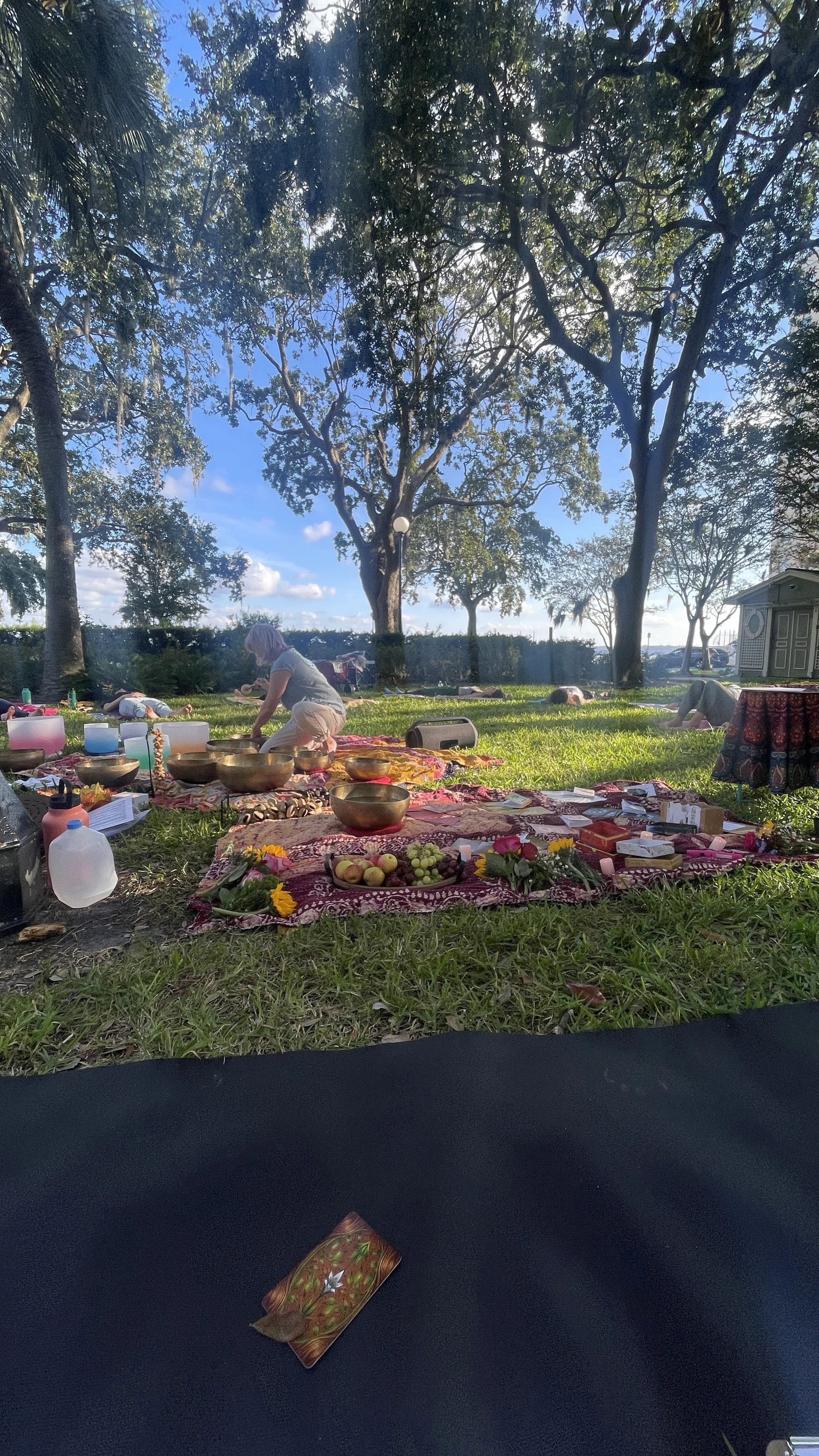 People participating in an outdoor yoga or spiritual ceremony on a grassy area under large trees, with pink, orange, and red carpets, bowls, and fruit as offerings, with sunlight filtering through the trees.