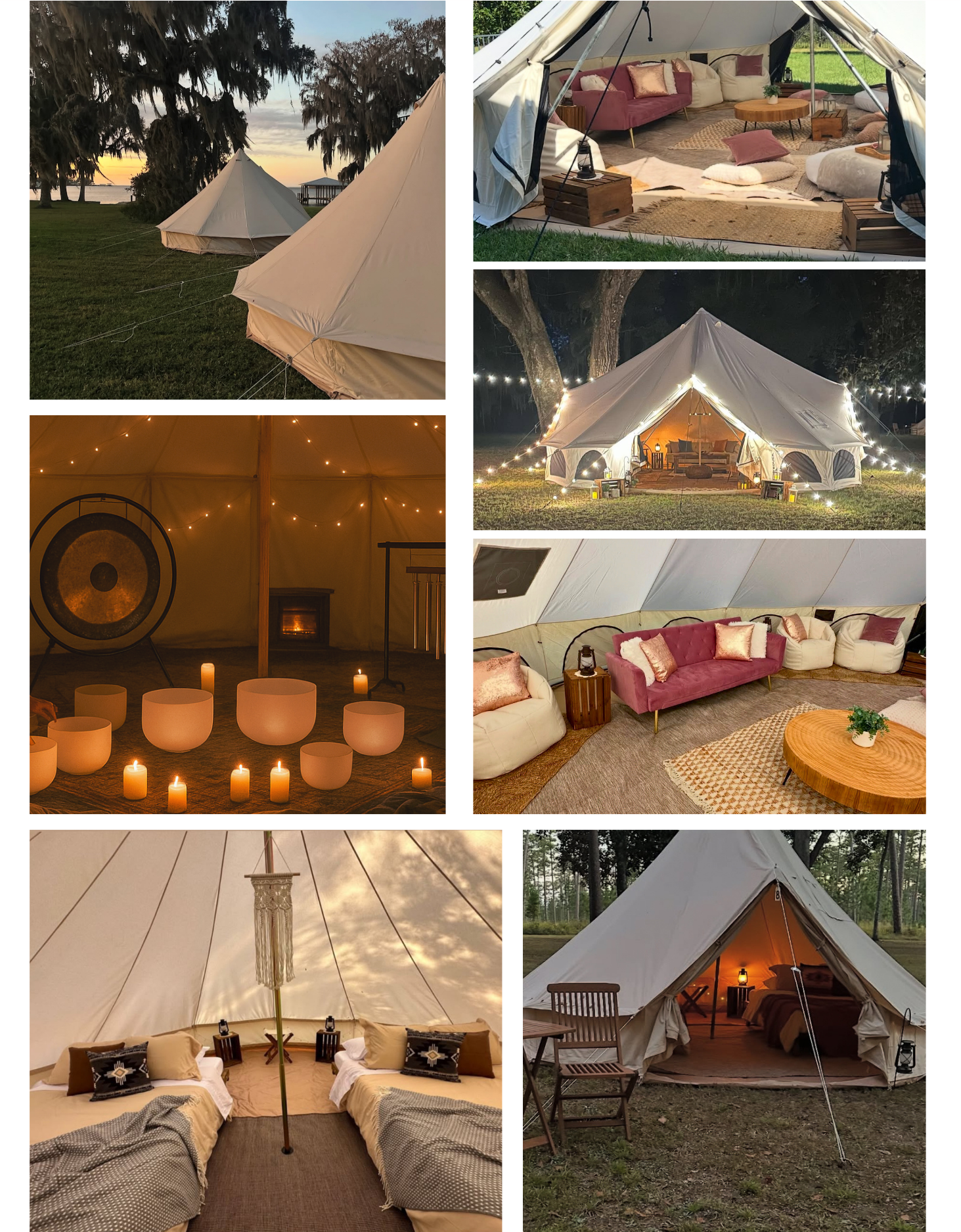 A collage of seven images showcasing glamping tents and interiors, including outdoor tents at sunset, cozy indoor sitting areas with cushions and rugs, illuminated tents at night with string lights, a bell tent interior with beds and pillows, a teepee with string lights, and a luxurious touch with candles and decorations inside tents.