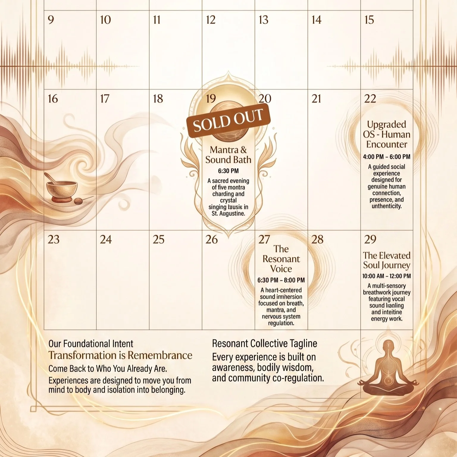 Headline: Your August Journey of Resonance 🕯️
In a world of digital noise, we choose presence
We use the technology of the body&mdash;sound, breath, and movement&mdash;to bypass the mind and speak directly to the nervous system
Save the Dates: 🗓️ A