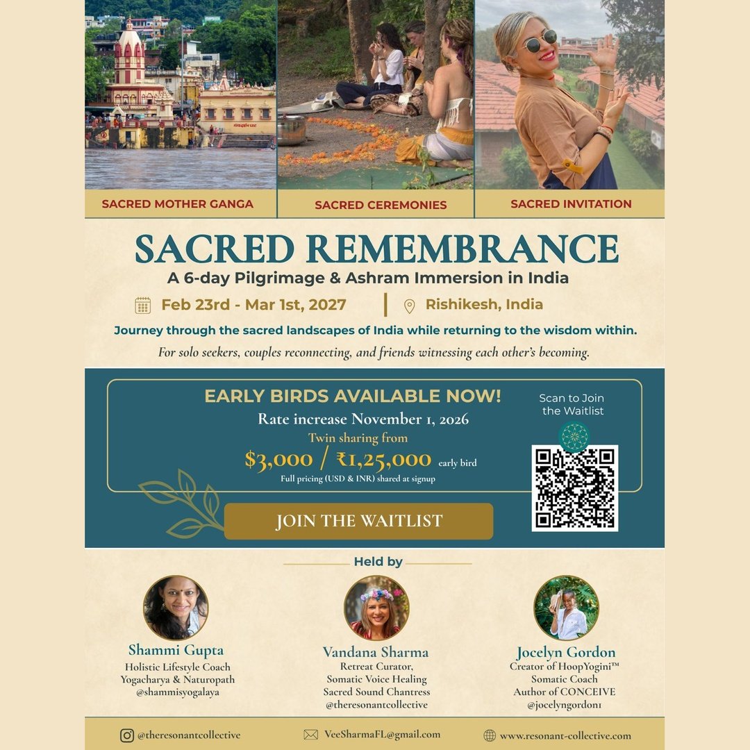 Something is calling many of us back to source.

Introducing Sacred Remembrance &mdash; a pilgrimage &amp; ashram immersion held on the banks of the Ganga in Rishikesh, India, February 23 &ndash; March 1, 2027.

A milan (मिलन) &mdash; a sacred meetin