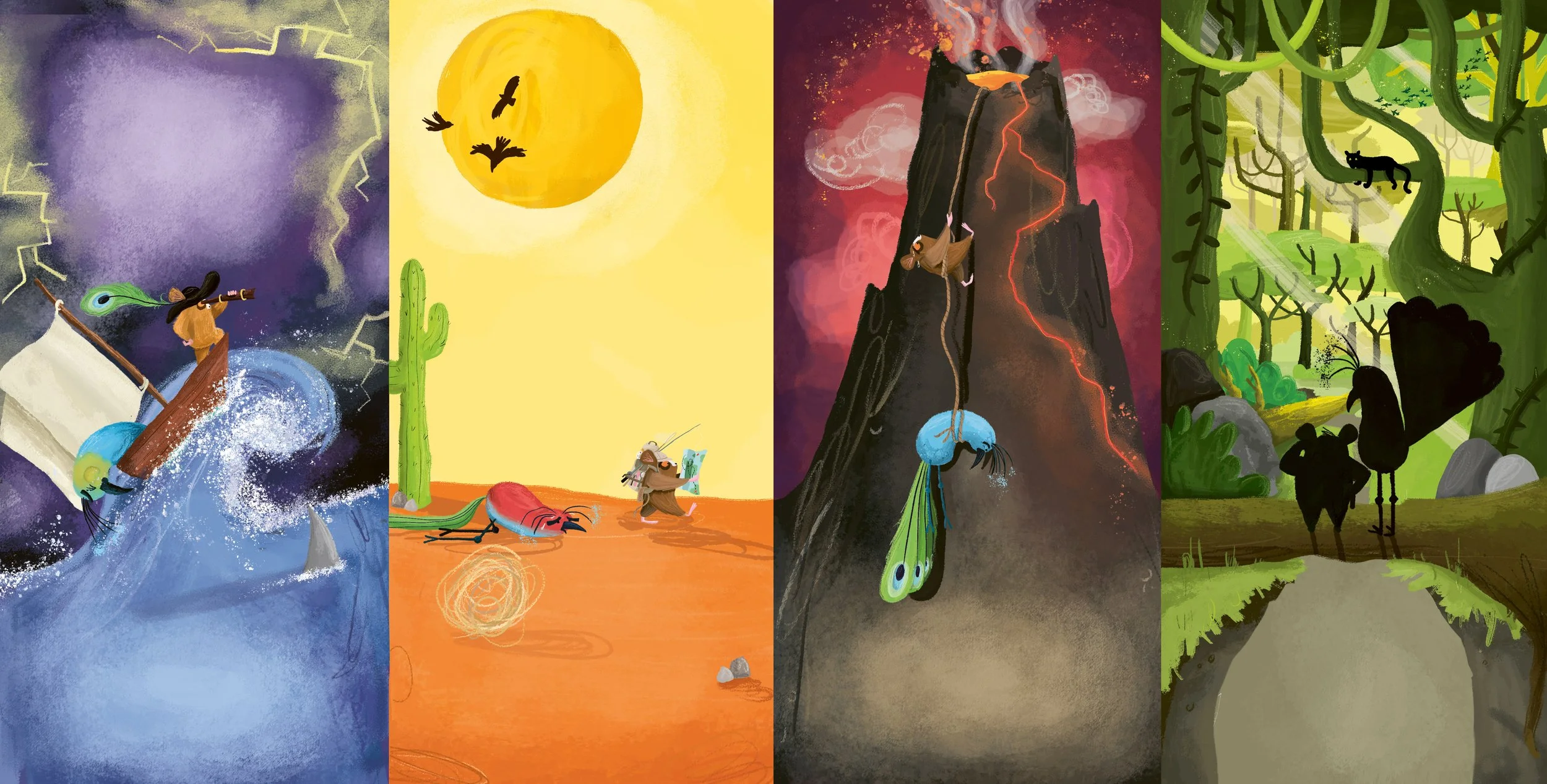 Four panels depicting different natural environments: a boat in the ocean during a storm, a desert with a cactus and a person fishing, a mountain with a waterfall and a butterfly, and a lush forest with animals and sunlight filtering through trees.