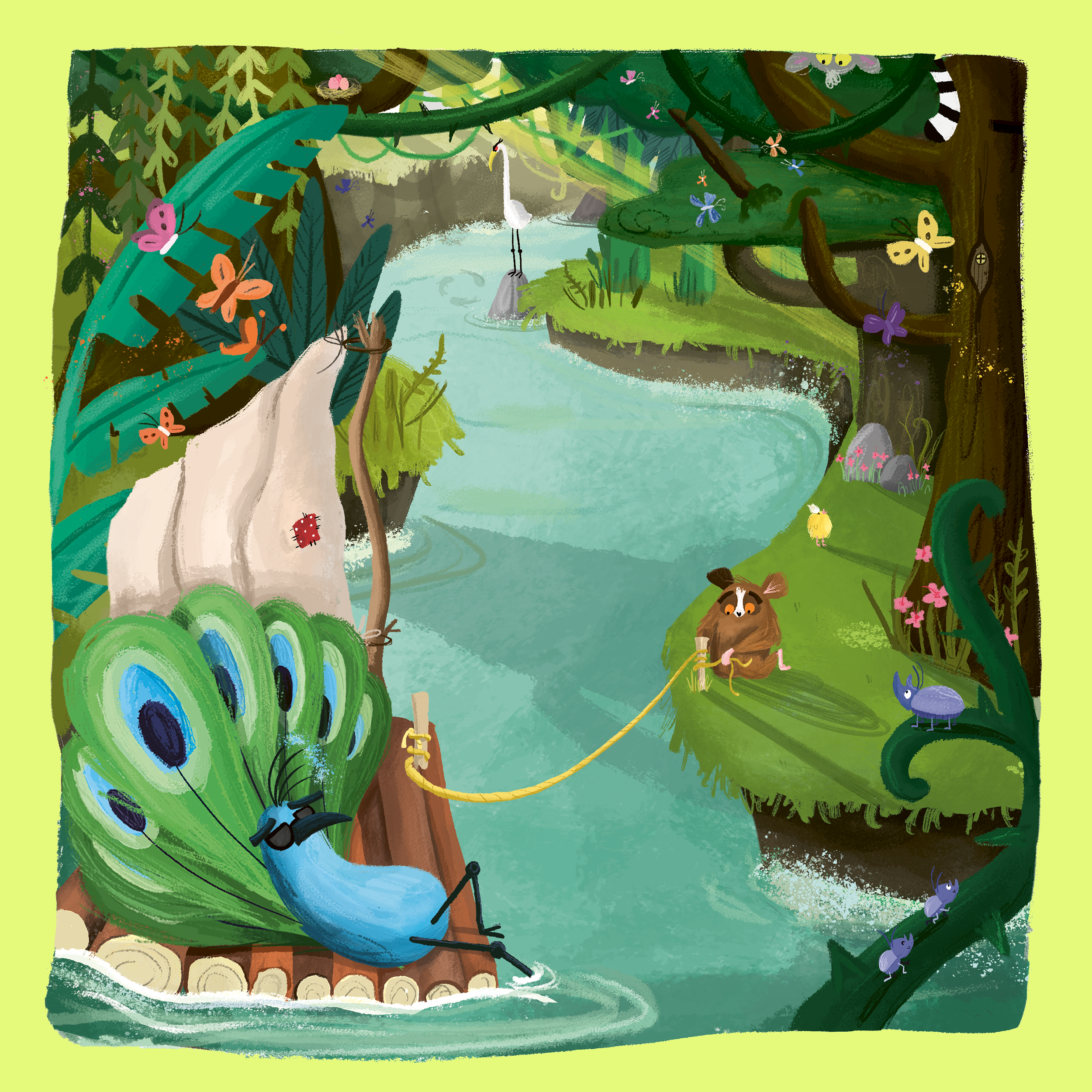 A whimsical cartoon river scene with animals, plants, and insects. A blue peacock with sunglasses is sitting on logs by the water. A brown dog is sitting on the grass, holding a rope attached to a stork standing on a rock in the water. Butterflies, b
