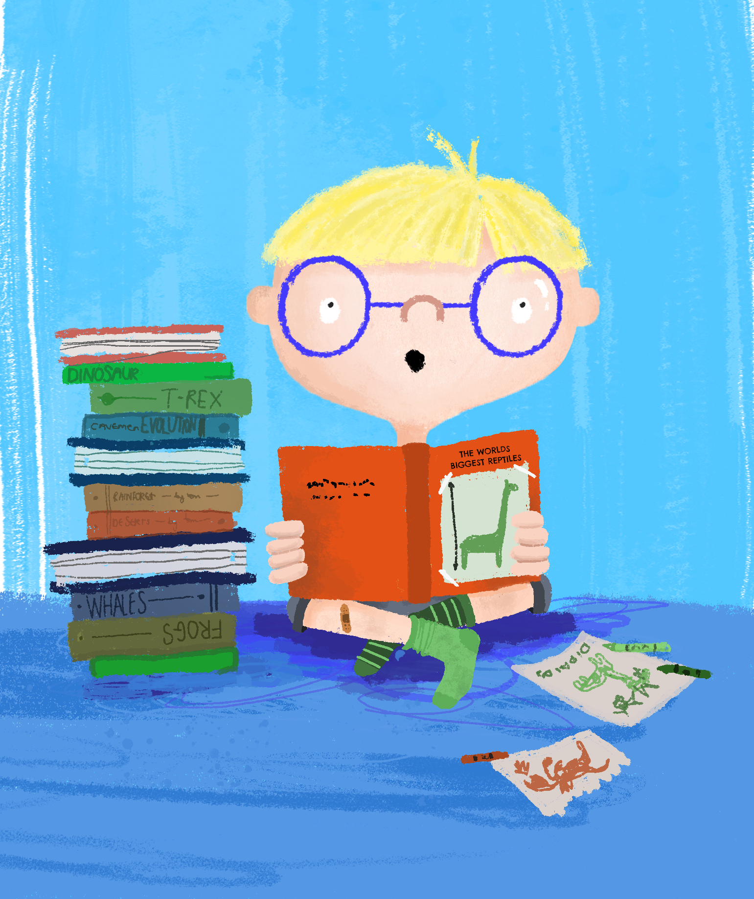 A cartoon boy with yellow hair, glasses, and a surprised expression is sitting on the floor reading a book titled 'The World's Biggest Reptiles.' Next to him is a large stack of books about animals and history. On the floor are drawings of a dinosaur