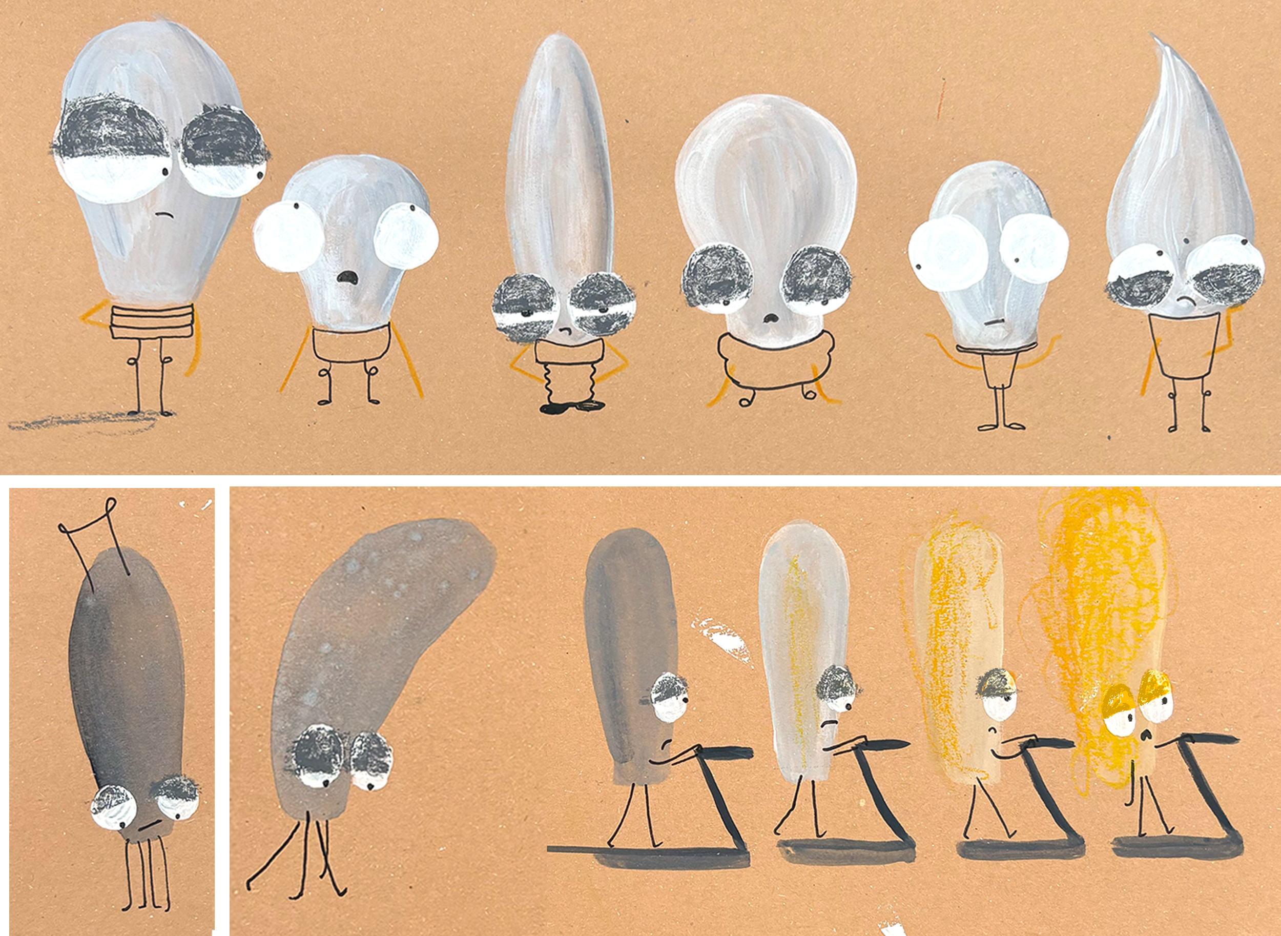 Illustration of various anthropomorphic vegetables and plants with human features, divided into two rows. The top row shows six vegetable characters with large heads and expressive faces, some with arms and legs, set against a light brown background.