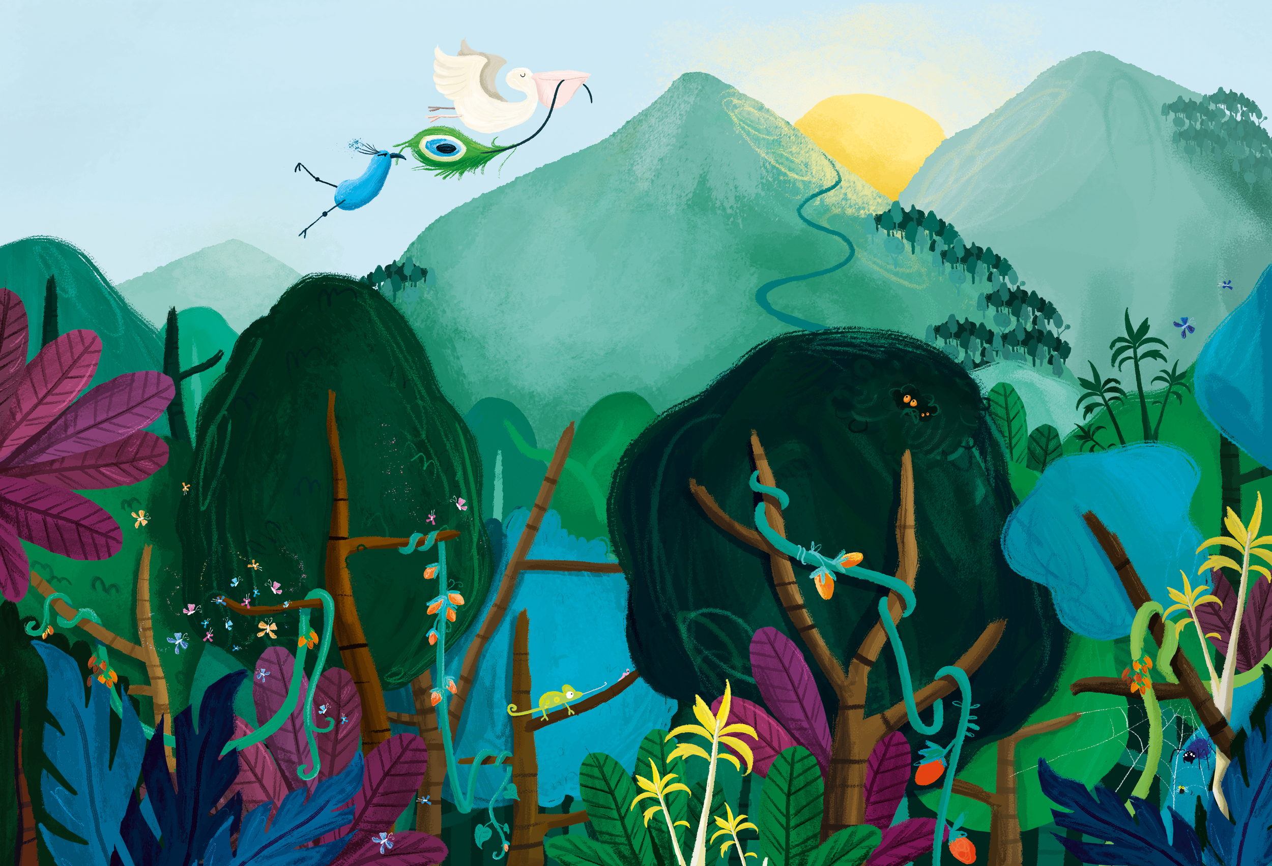 Colorful illustration of a vibrant jungle scene with lush green trees, purple and blue leaves, yellow tropical plants, and mountains in the background. A white stork with a pink beak carries a stork in its beak flying in the sky. Various small insect