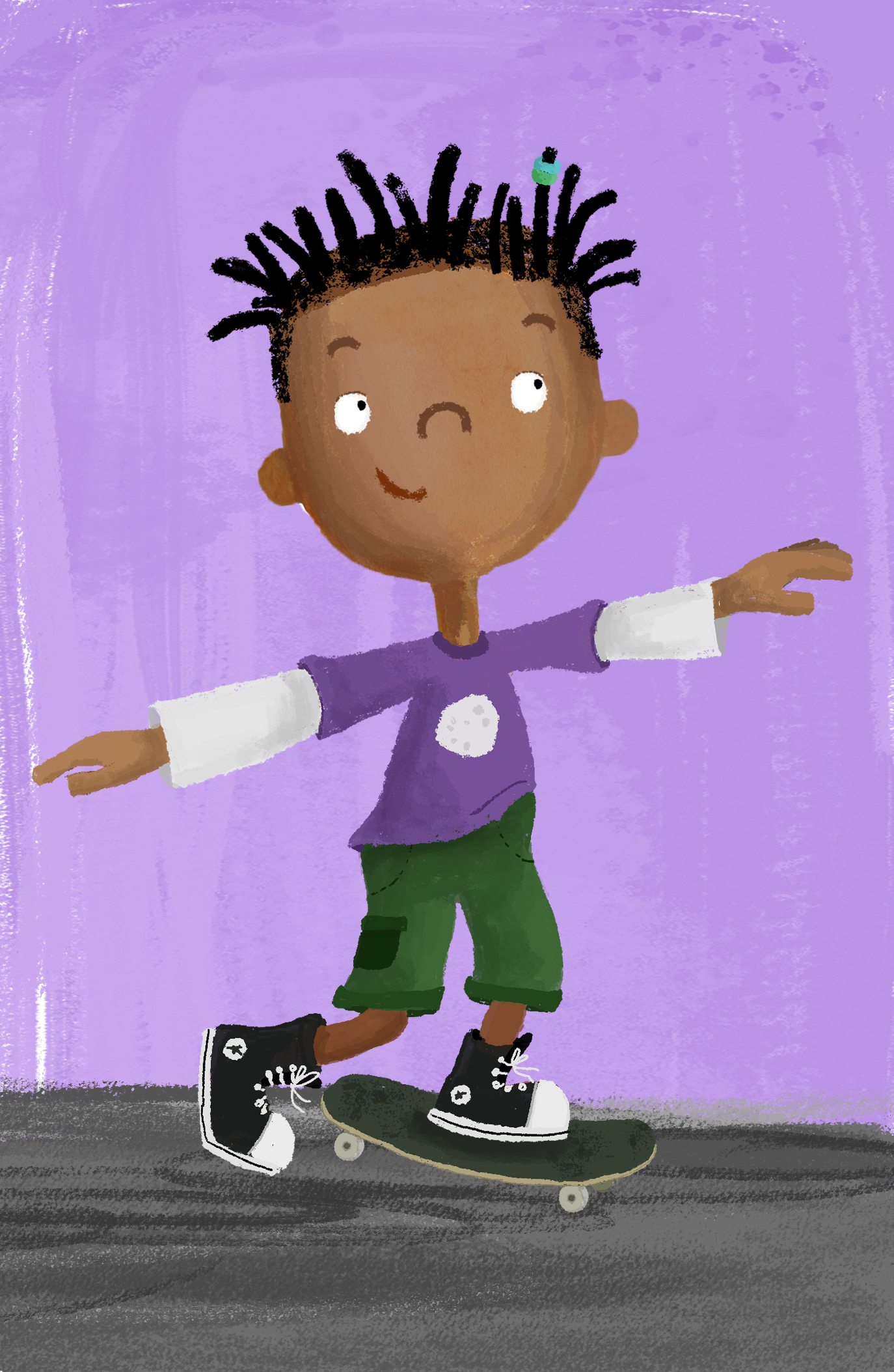 A cartoon child with dark curly hair, wearing a purple long-sleeve shirt with white cuffs, green shorts, and black sneakers, skateboarding on a gray surface against a purple textured background.