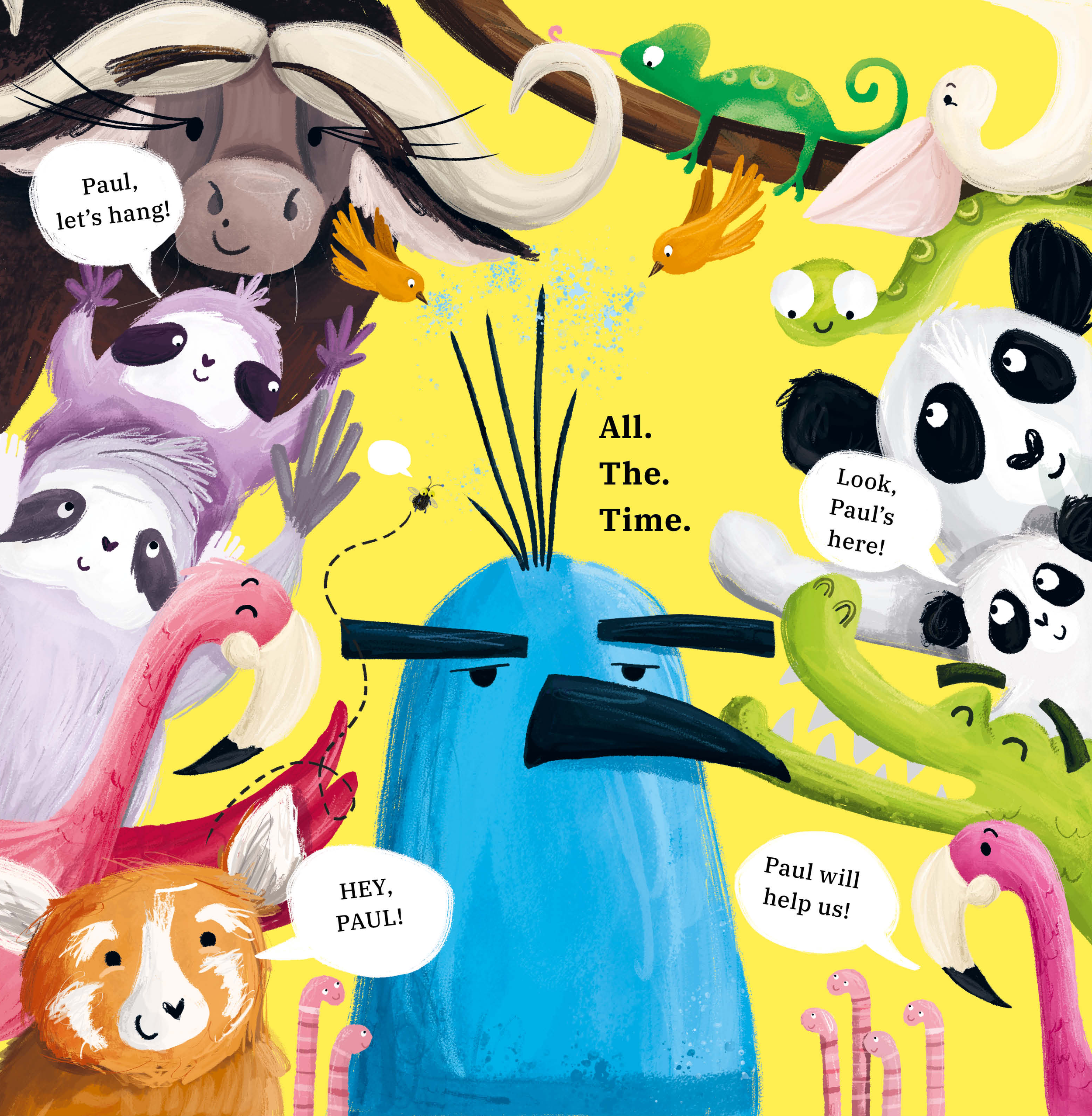 Colorful illustration of various animals gathered around a large, blue, cartoon-style bird with a serious expression, holding sparklers. The animals include a lion, pandas, flamingos, sloth, chameleons, birds, and worms. Some animals are speaking, wi