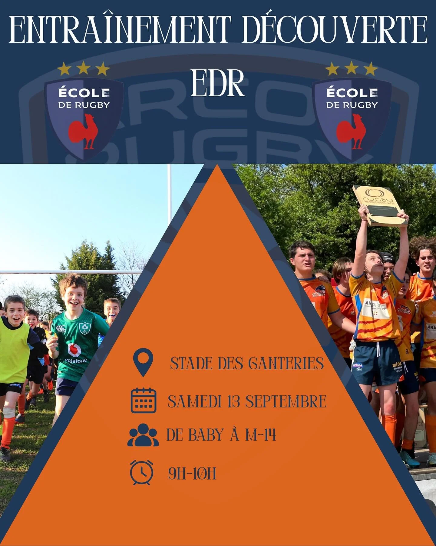 Viens tester le rugby ! 🏉 
RDV samedi 13/09, 9h&ndash;10h, Stade des Ganteries. 
Ouvert &agrave; tous de Baby &agrave; M14. 🔵🟠