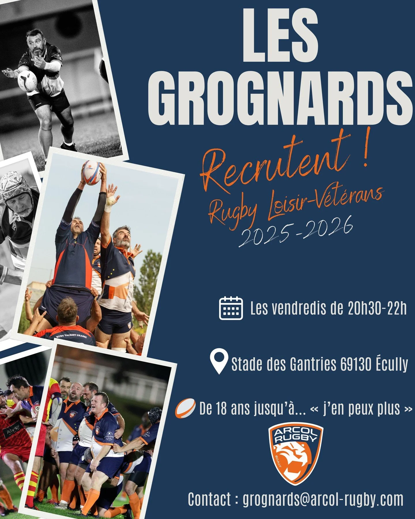 🔵🟠Les Grognards de l'ARCOL recrutent !🏉

Rugby Loisir - V&eacute;t&eacute;rans, de 18 ans jusqu&rsquo;&agrave;&hellip; ben jusqu&rsquo;a &laquo; j&rsquo;en peux plus 😅&raquo; 

Toi l&rsquo;ancien rugbyman, le papa qui veut imiter ses enfants, ou 