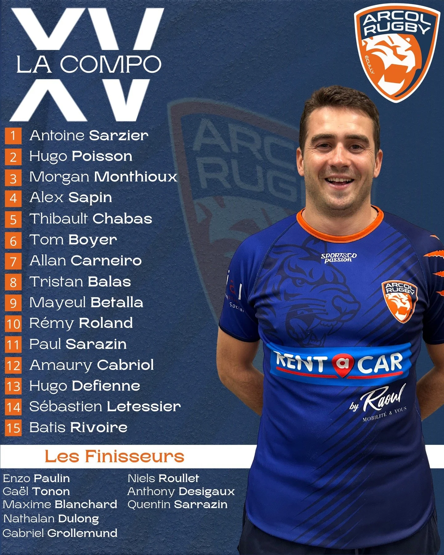 🔵🟠D&eacute;couvrez notre XV du jour !
Les joueurs sont pr&ecirc;ts &agrave; d&eacute;fendre nos couleurs pour ce premier match de championnat 🏉🔥

Rendez-vous cet apr&egrave;s-midi au stade de la Craz pour les encourager !⚡️