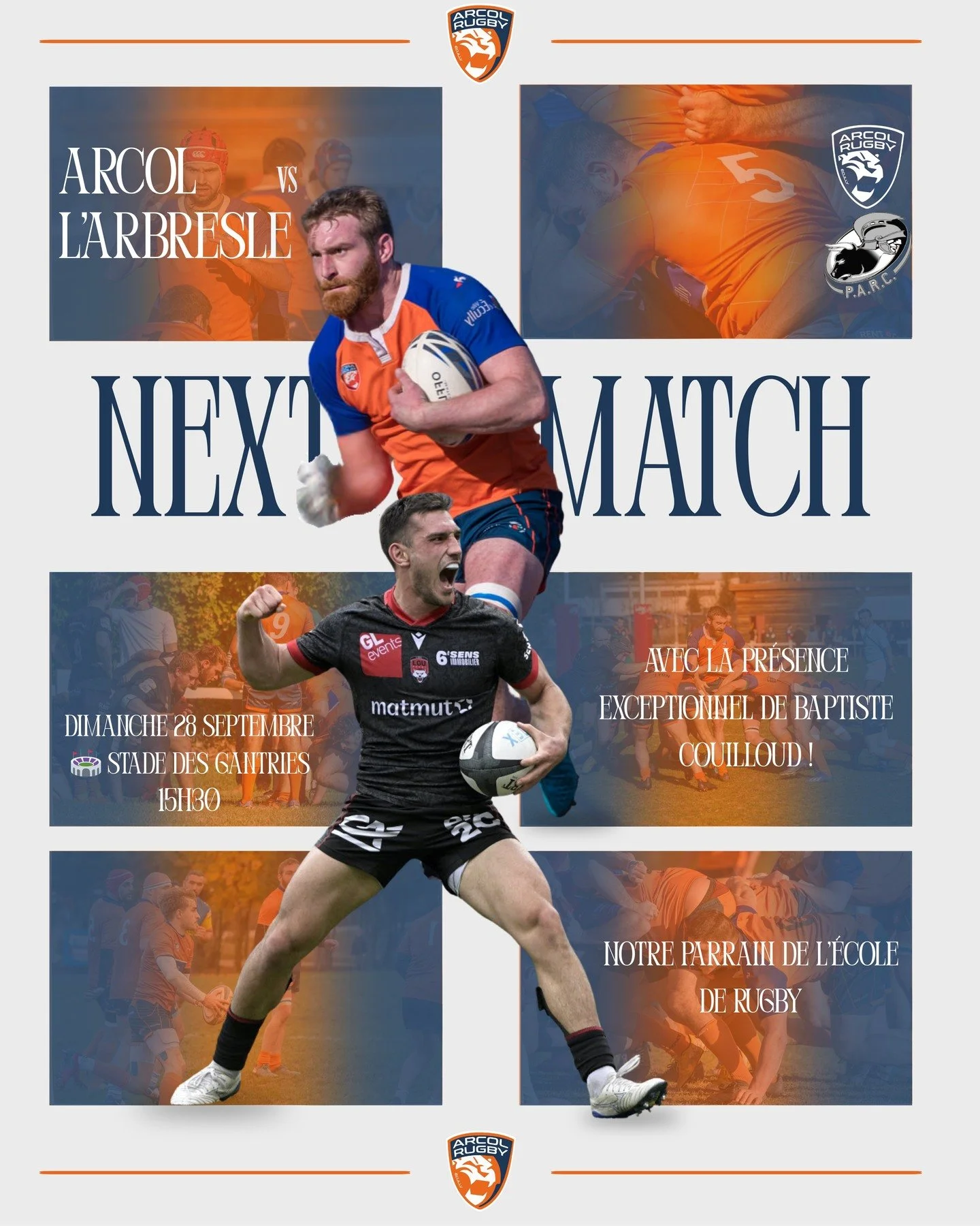 🔵🟠Match &eacute;v&eacute;nement &agrave; l&rsquo;ARCOL ! 
Ce dimanche 28 septembre, rendez-vous au Stade des Gantries pour soutenir nos joueurs face &agrave; L&rsquo;Arbresle ! Coup d&rsquo;envoi &agrave; 13h30 pour l'&eacute;quipe r&eacute;serve e