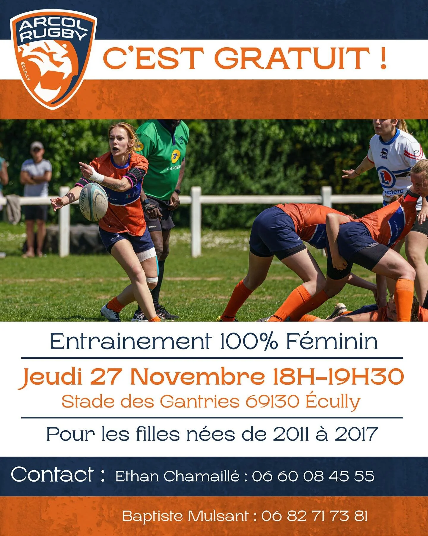 🔵🟠&Agrave; ne pas manquer 

Ce jeudi 27 Novembre un entra&icirc;nement 100% f&eacute;minin est propos&eacute; pour les jeunes filles n&eacute;es entre 2007 et 2011 

N&rsquo;h&eacute;sitez pas &agrave; contacter nos deux &eacute;ducateurs pour en s