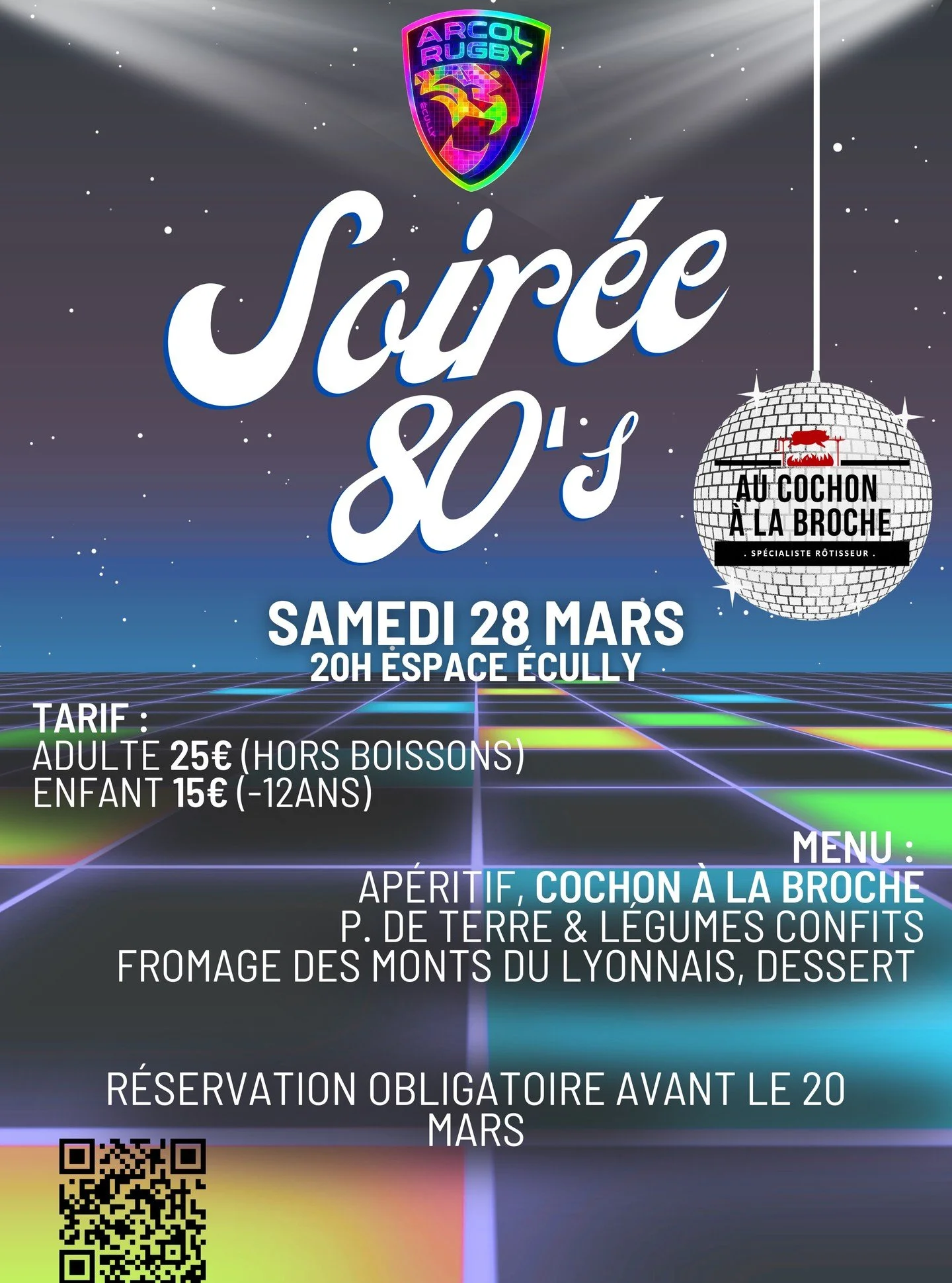 💙🧡𝐒𝐨𝐢𝐫&eacute;𝐞 𝟖𝟎'𝐬🪩

Pour danser et s'amuser avant la fin de saison qui s'approche le club vous propose le 𝐬𝐚𝐦𝐞𝐝𝐢 𝟐𝟖 𝐌𝐚𝐫𝐬 sa soir&eacute;e ann&eacute;es 80 &agrave; l'Espace &Eacute;cully !

Au programme : 🕺🏼
Ap&eacute;riti