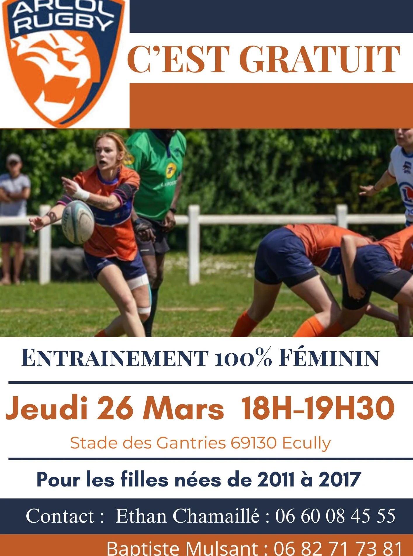 🔵🟠𝐄𝐧𝐭𝐫𝐚𝐢𝐧𝐞𝐦𝐞𝐧𝐭 𝐅𝐞𝐦𝐢𝐧𝐢𝐧 !

Ce jeudi 𝟐𝟔 𝐌𝐚𝐫𝐬 un entra&icirc;nement 100% f&eacute;minin est propos&eacute; pour les jeunes filles n&eacute;es entre 𝟐𝟎𝟏𝟏 et 𝟐𝟎𝟏𝟕

N&rsquo;h&eacute;sitez pas &agrave; contacter nos deux &