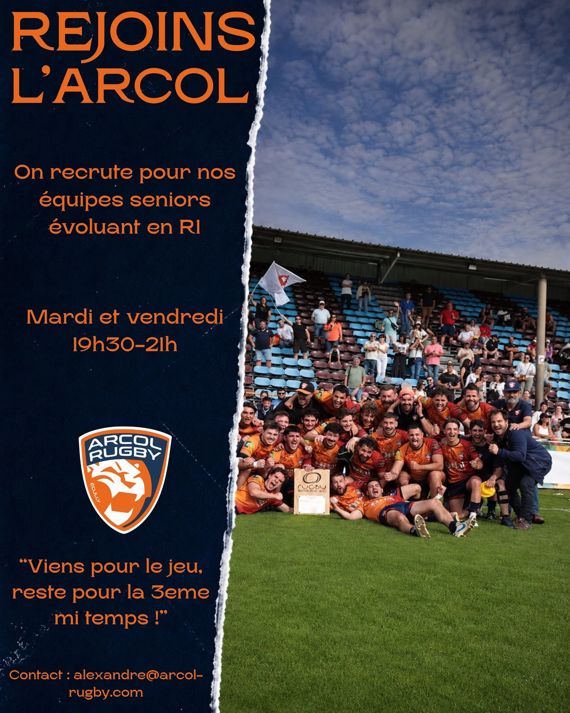 🚨 𝐀𝐥𝐞𝐫𝐭𝐞 𝐑𝐞𝐜𝐫𝐮𝐭𝐞𝐦𝐞𝐧𝐭 💙🧡

L'Arcol recrute des joueurs s&eacute;niors pour la saison prochaine en R1 🦁

⏰ Les 𝐦𝐚𝐫𝐝𝐢𝐬 et 𝐯𝐞𝐧𝐝𝐫𝐞𝐝𝐢𝐬 (19h30 - 21h)
📍 Stade des Gantries, &Eacute;cully

Si tu souhaites 𝐭&rsquo;𝐚𝐦𝐮𝐬?