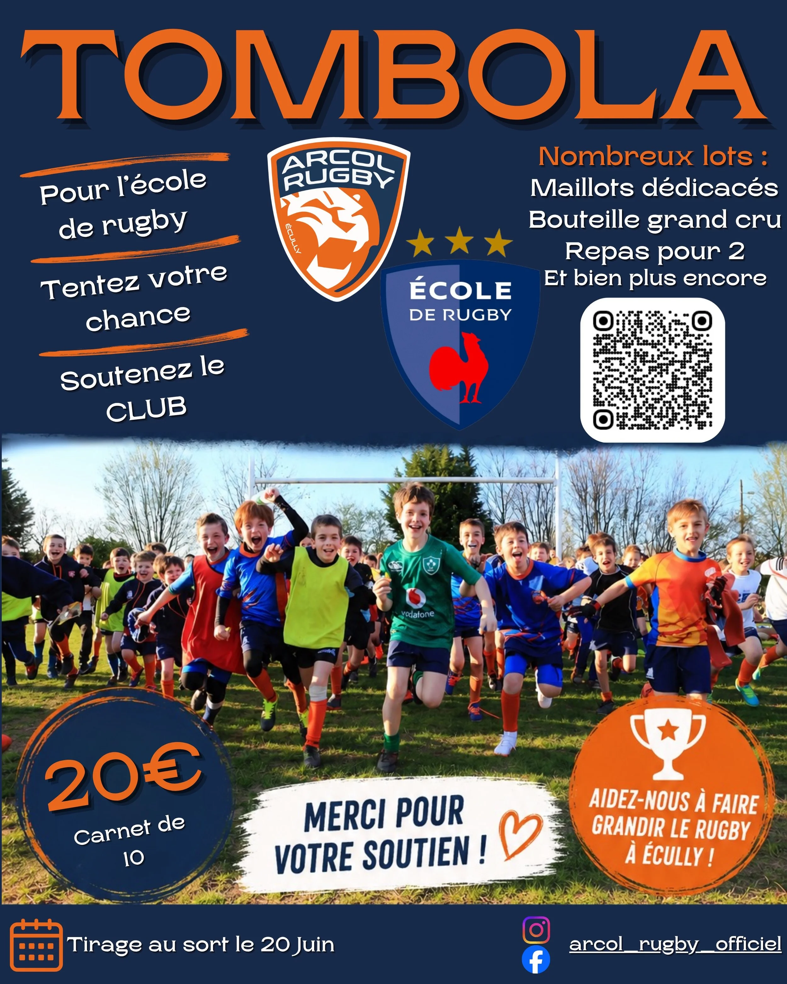 🎟️𝐓𝐨𝐦𝐛𝐨𝐥𝐚 𝐄𝐃𝐑 🔵🟠

Notre &eacute;cole de rugby organise une tombola &agrave; l'occasion des troph&eacute;es de l'EDR !

𝐓𝐢𝐫𝐚𝐠𝐞 𝐚𝐮 𝐬𝐨𝐫𝐭 𝐥𝐞 𝟐𝟎 𝐉𝐮𝐢𝐧 

𝐋𝐨𝐭𝐬 : 🎁
Maillots d&eacute;dicac&eacute;s (LOU et ASM)
Ballons d&