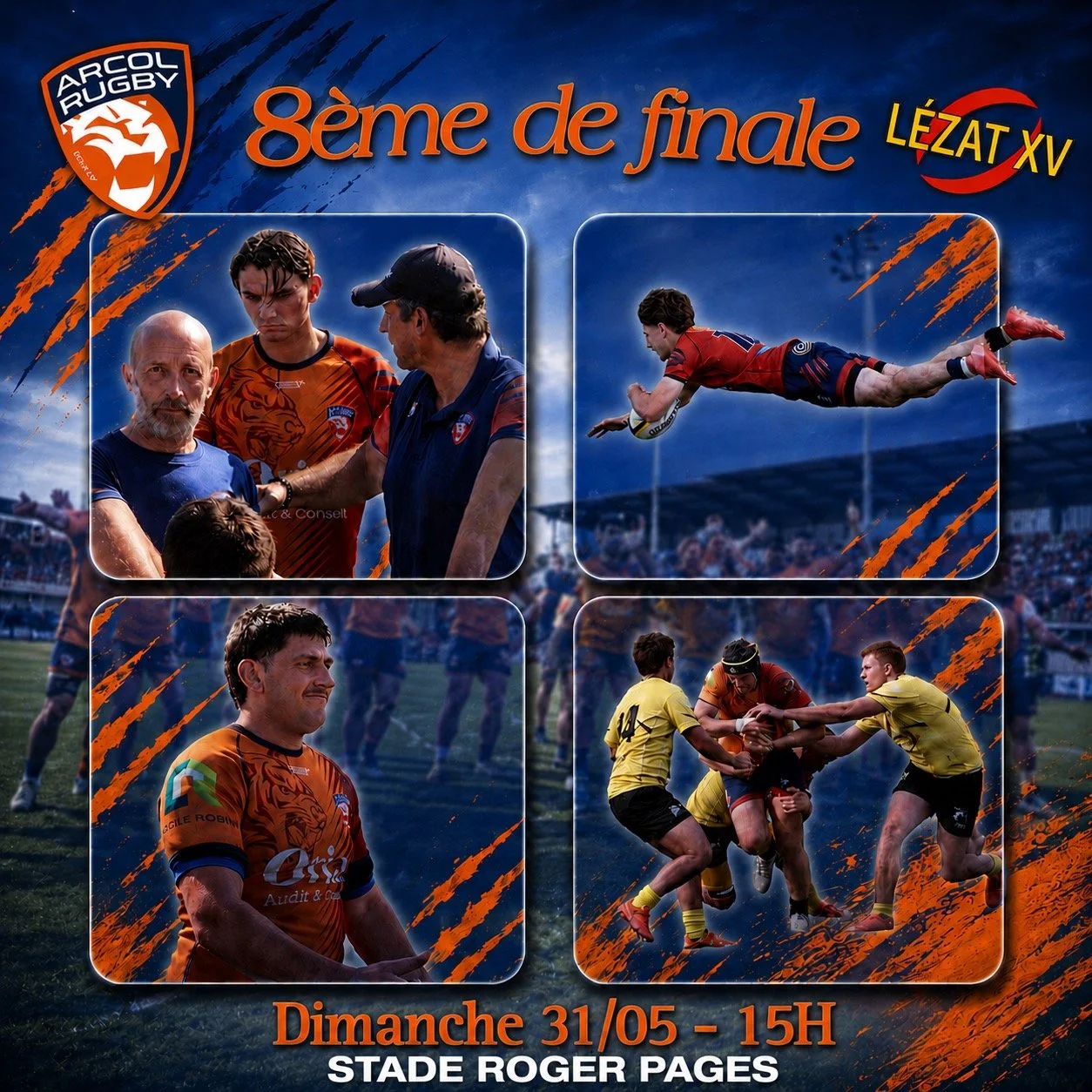 🔵🟠 𝐌𝐚𝐭𝐜𝐡 𝐃𝐚𝐲 ⚔️

Ce dimanche, notre &eacute;quipe s&eacute;niors se rend &agrave; Sorgues pour disputer son 𝟏/𝟖 &egrave;𝐦𝐞 de finale du 𝐜𝐡𝐚𝐦𝐩𝐢𝐨𝐧𝐧𝐚𝐭 𝐝𝐞 𝐅𝐫𝐚𝐧𝐜𝐞 de R2 !🏉

On vous attend nombreux pour pousser notre &eacu