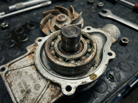 Disassembled European vehicle water pump showing severely corroded bearing assembly, the mechanical cause of grinding noise on engine warm-up