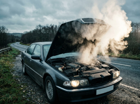 European sedan on roadside with heavy steam billowing from open engine bay, indicating complete cooling system failure and critical engine overheating
