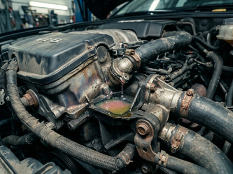 Coolant leak pooling near the water pump housing in a European vehicle engine bay, an early sign of water pump seal failure