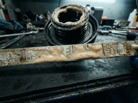Engine oil dipstick showing milky emulsified contamination from coolant mixing with oil, with oil filler cap showing creamy residue confirming internal engine breach