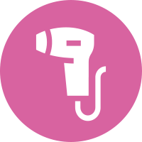 Pink circular icon with a white hairdryer illustration.