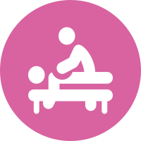 Graphic of a person giving a massage to a child on a massage table, with a pink background.