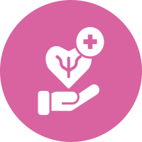 A medical symbol with a heart, a cross, and a hand on a pink background.