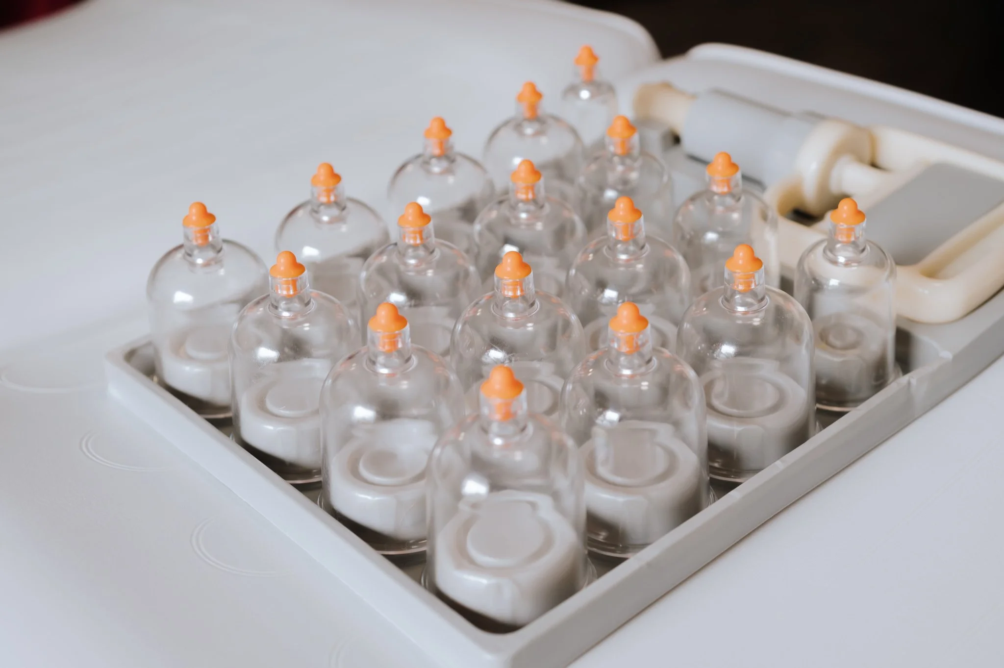 A close-up of a laboratory incubator containing multiple small glass bottles with orange caps filled with white liquid.