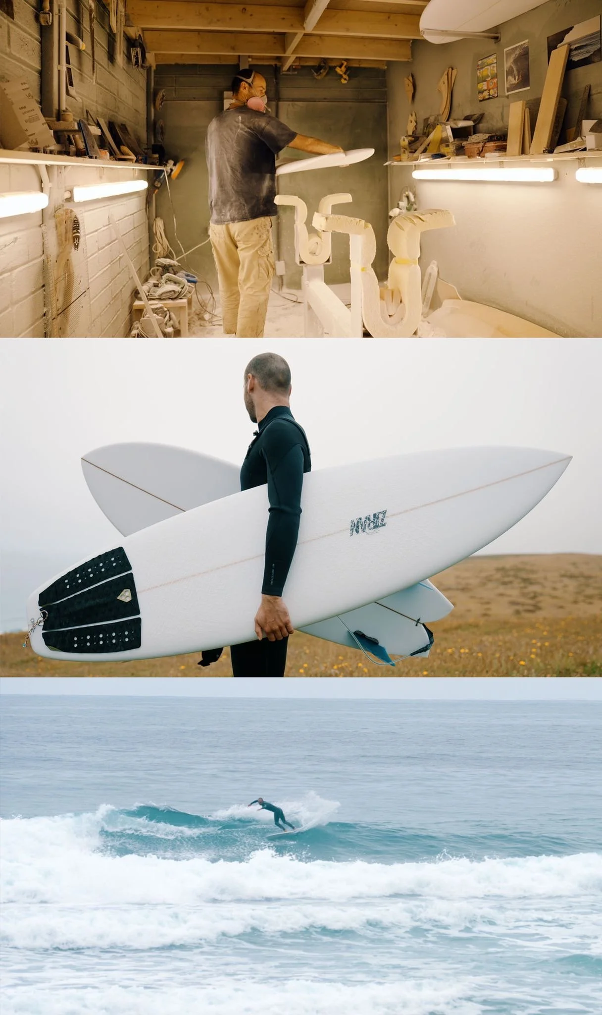 Top: A man working on a surfboard in a workshop. Middle: A man holding a surfboard on a beach. Bottom: A person surfing on ocean waves.