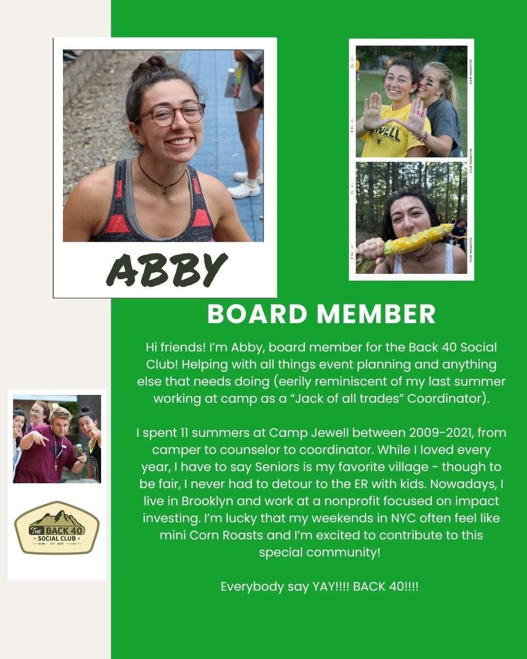 Everybody say YAY for our next Back 40 Board Member Spotlight, @abbymelagrano our favorite jack of all trades! YAY!