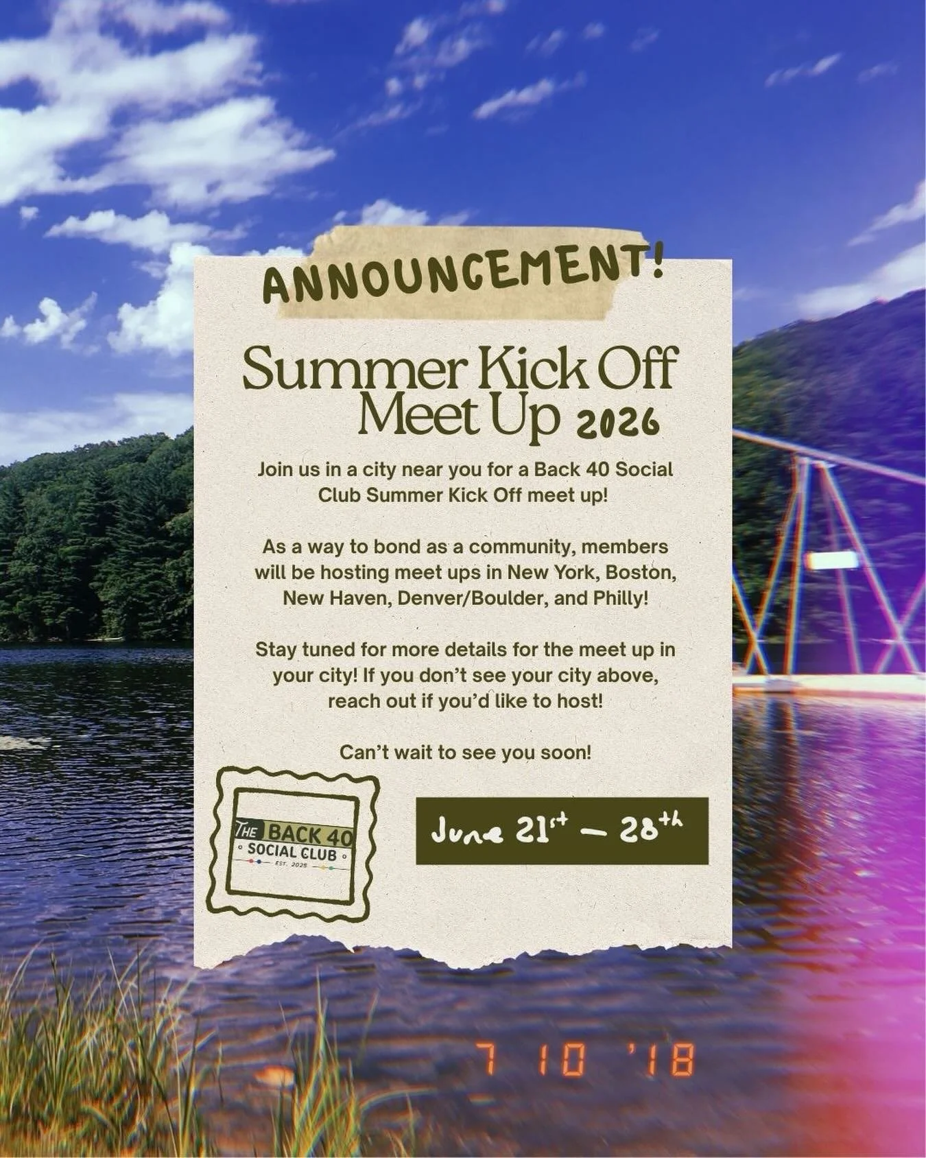📣 Join Us the week of June 21st - 28th for our Back 40 Summer Kick Off Meet Up! Meet ups will be in New York, Boston, New Haven, Denver/Boulder, and Philly! Details to come! See you soon ✌🏼
