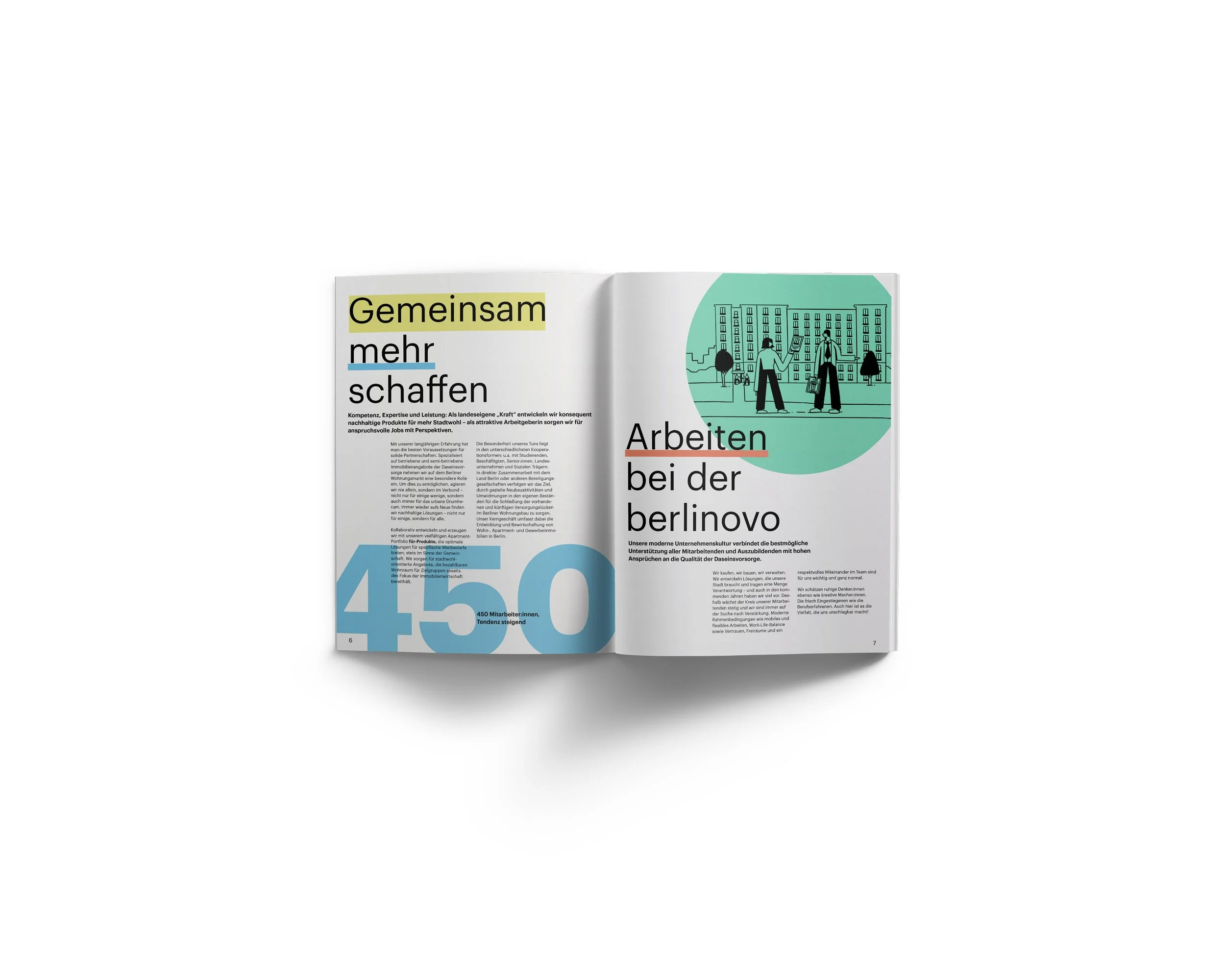 Open magazine spread featuring German text and a line illustration of people in a park with buildings in the background.