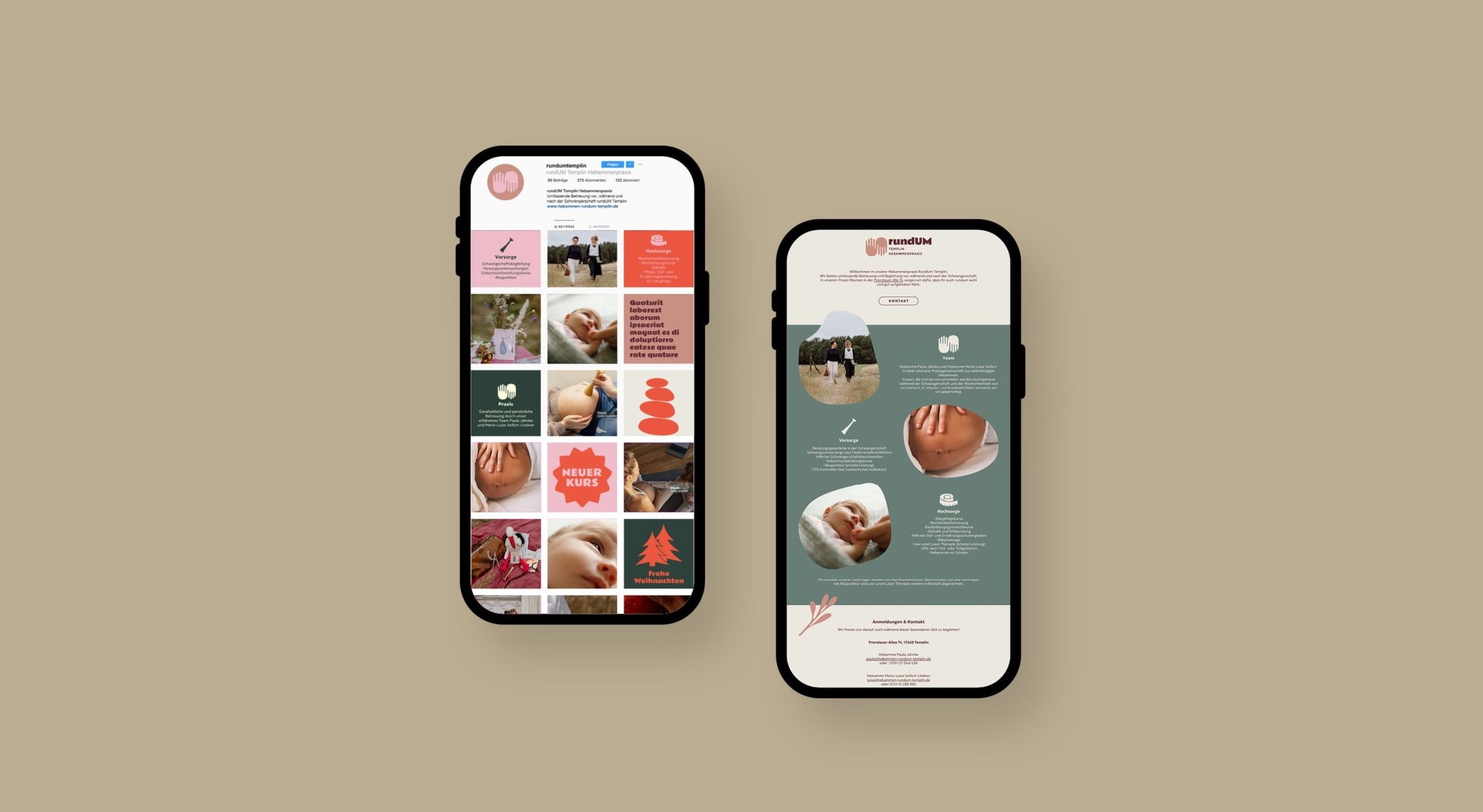 Two smartphones displaying social media profiles and website pages with photos of a baby, a couple, and holiday decorations on beige background.