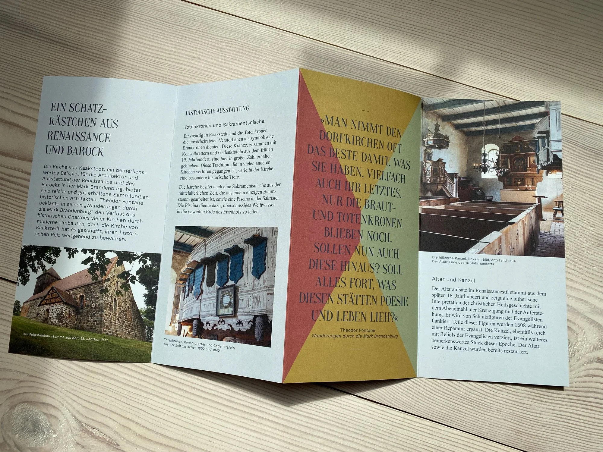 A trifold brochure displaying historical information about a church in Kaaksted, featuring images of the church's exterior, interior, and artifacts such as the altar and pulpit, with descriptive German text.