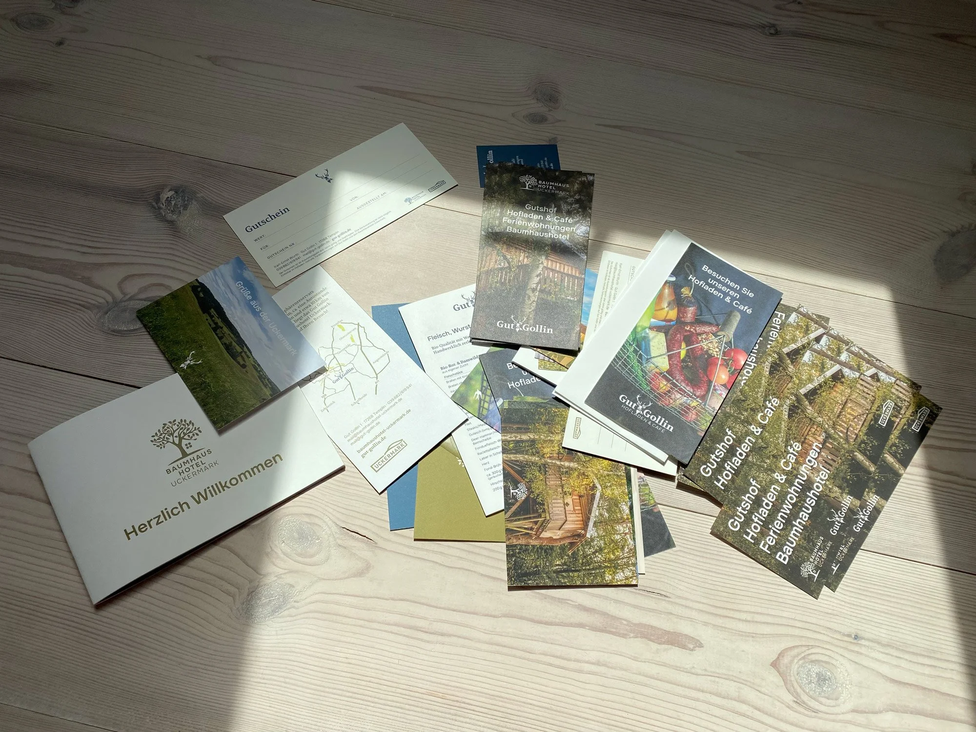 Various brochures, flyers, and a ticket for Gut Gollin Hofladen & Café, placed on a wooden surface with sunlight and shadow.