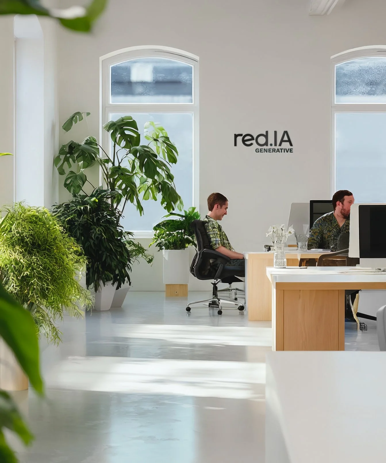 Bureau moderne avec deux hommes travaillant à des ordinateurs, plantes vertes, et un mur avec le logo 'red.I.A GENERATIVE'.