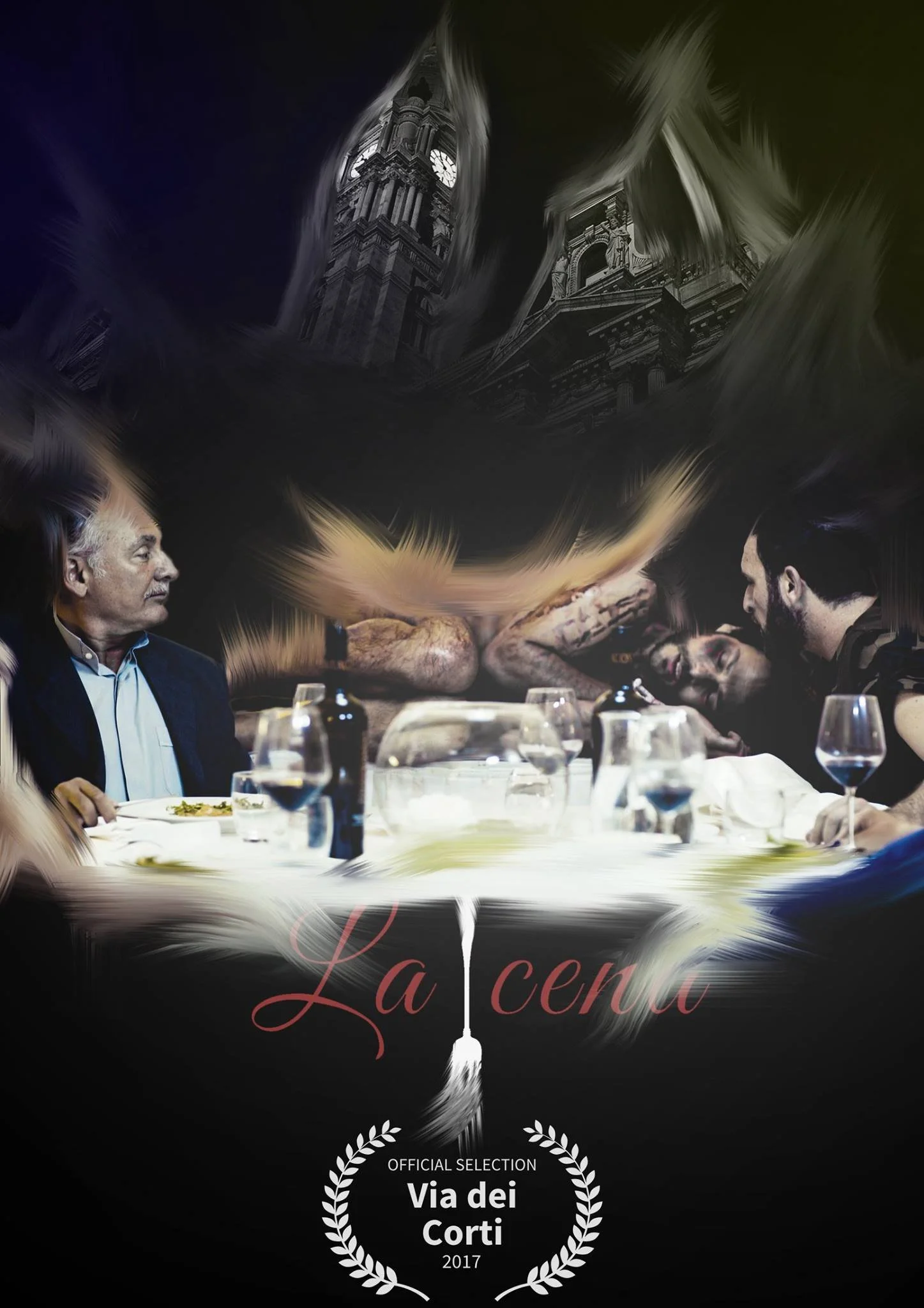 Immagine di un film intitolato "La cena" con scene surreali, tra cui persone sedute a un tavolo e un monumento famoso in background, con dark e elementi artistici.
